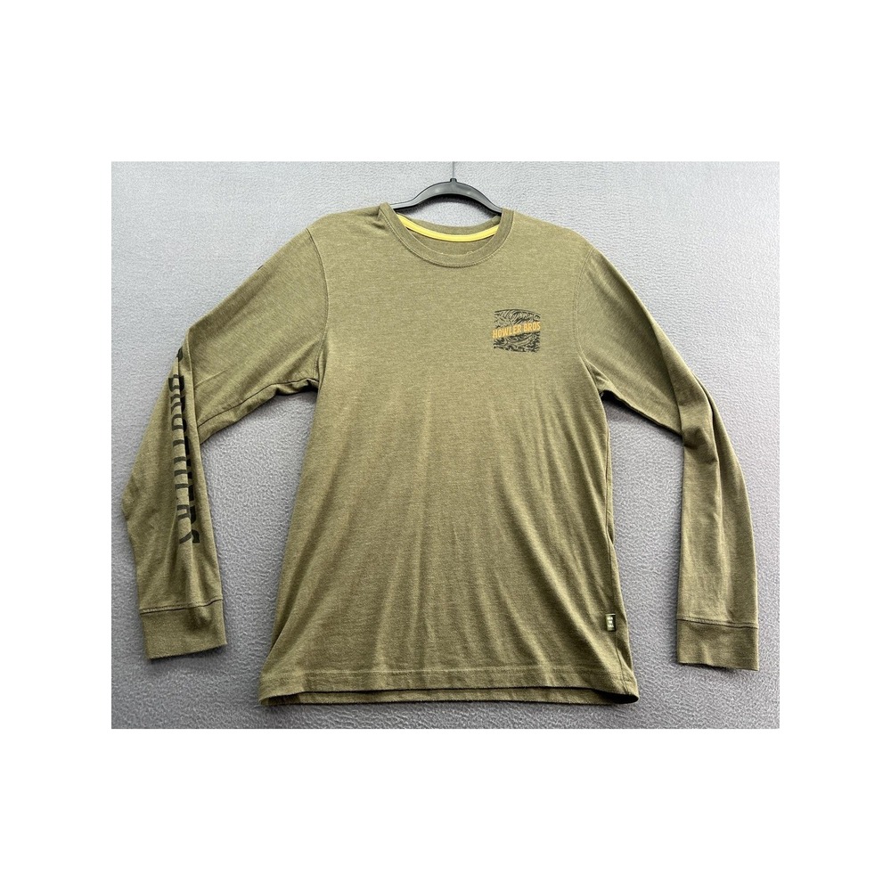 Howler Brothers Shirt Mens Sz S Long Sleeve Graphic Tee Olive Green Fish Wave